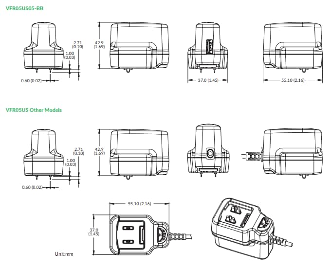機械図面 - XP Power VFL05シリーズとVFR05シリーズ壁取り付けアダプタ