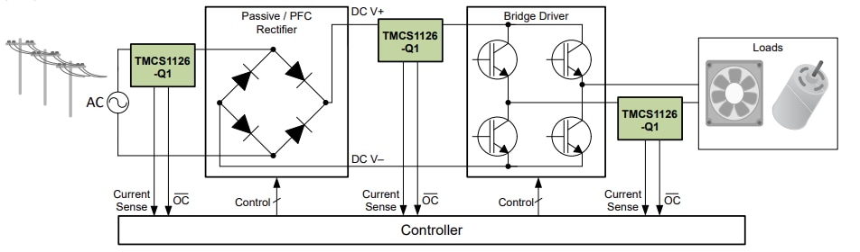 アプリケーション回路図 - Texas Instruments TMCS1126/TMCS1126-Q1ホール効果電流センサ