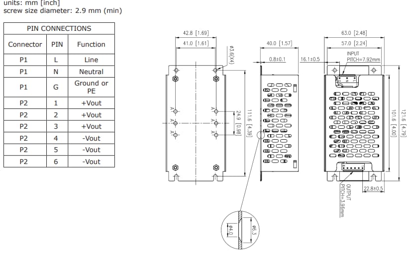 機械図面 - CUI Inc VGS-250C AC-DC電源