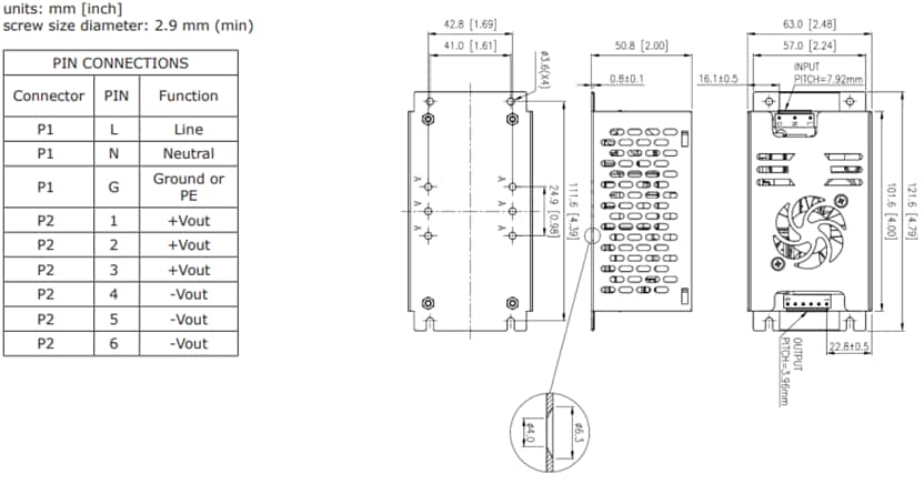 機械図面 - CUI Inc VGS-250C AC-DC電源