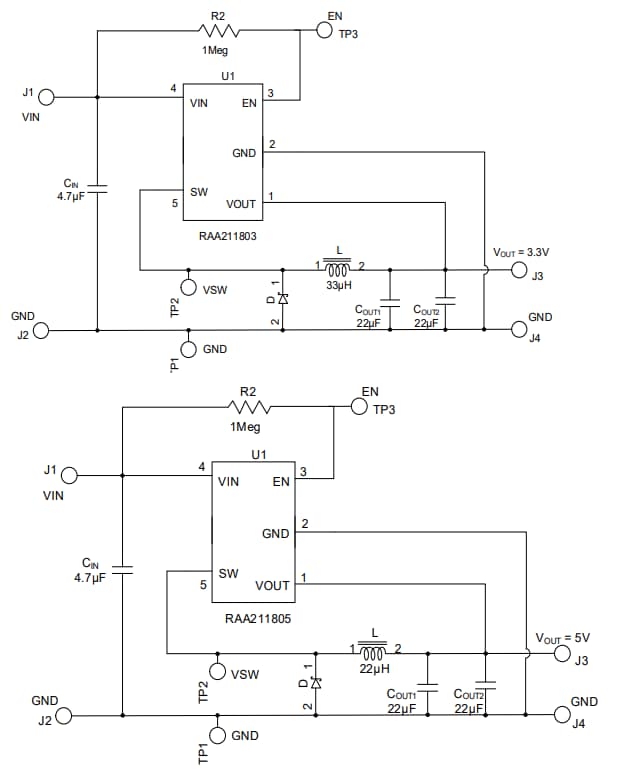 アプリケーション回路図 - Renesas Electronics RAA21180x DC/DC降圧型レギュレータ