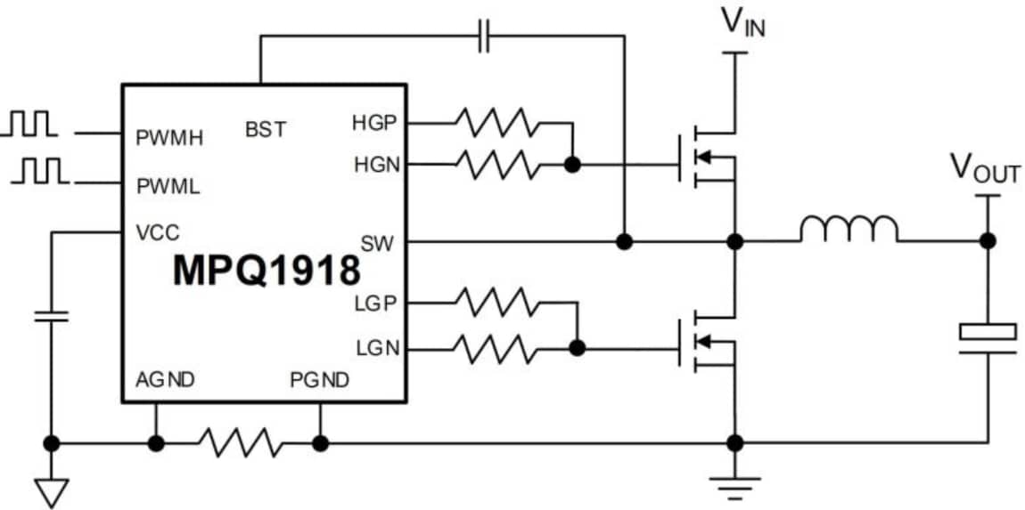 Application Circuit Diagram - Monolithic Power Systems (MPS) MPQ1918 Half-Bridge GaN/MOSFET Drivers