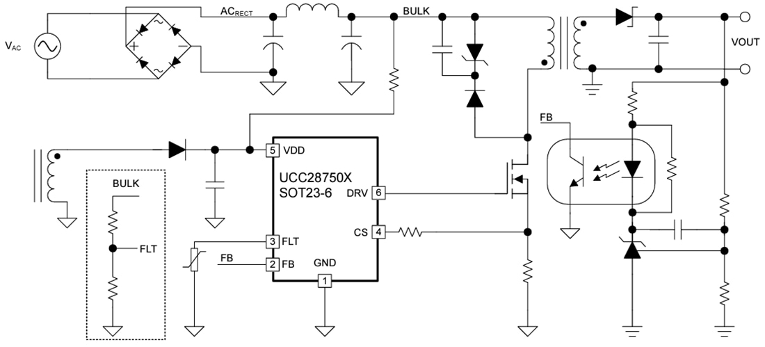 アプリケーション回路図 - Texas Instruments UCC28750電流モード・フライバック・コントローラ