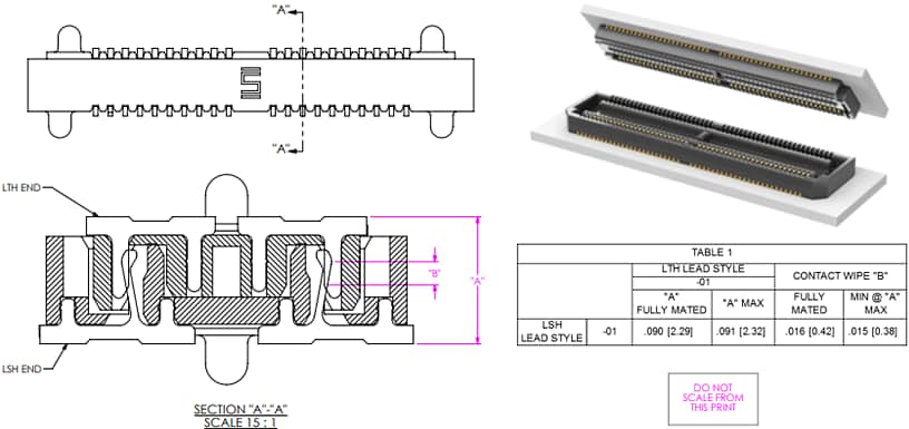 機械図面 - Samtec LSH 0.50mm薄型ブレードおよびビームソケットストリップ