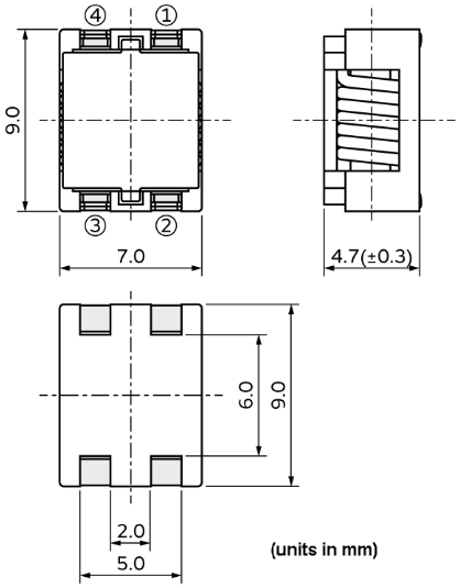 機械図面 - Murata Electronics UCMH90コモンモードチョークコイル/ノイズフィルタ