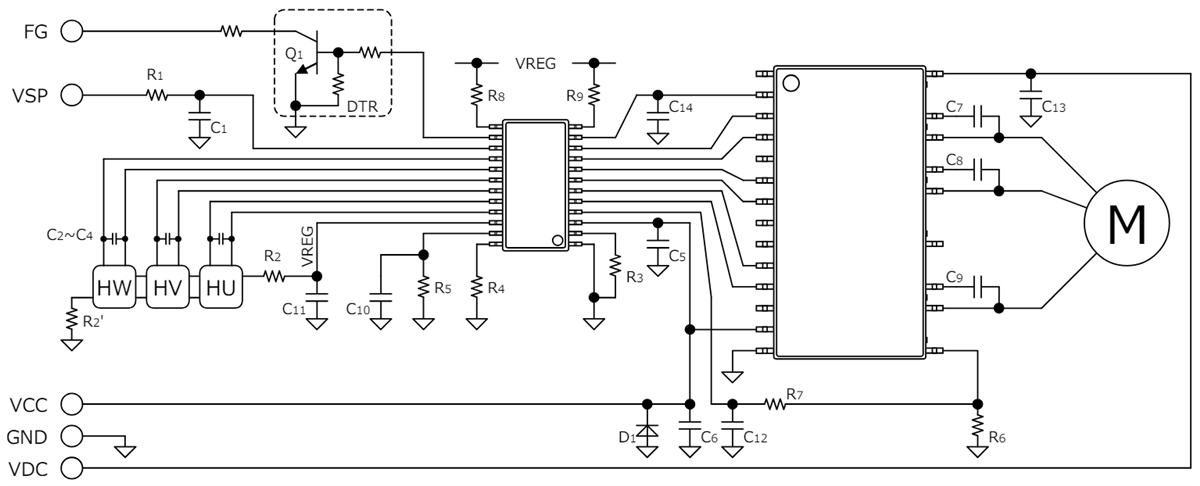 アプリケーション回路図 - ROHM Semiconductor BD2601xBFS 3-Phaseブラシレスファンモーターコントローラ