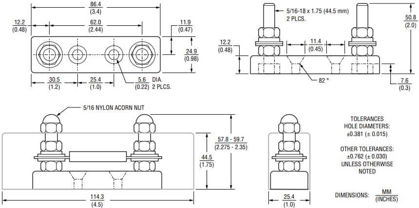 機械図面 - Bourns NFB Riedon™ANL ヒューズブロック