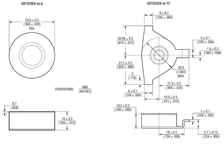 機械図面 - Bourns GDT225EX超高エネルギーGDT