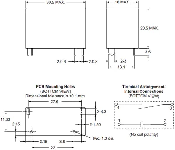 機械図面 - Omron Electronics G6QG PCBパワーリレー