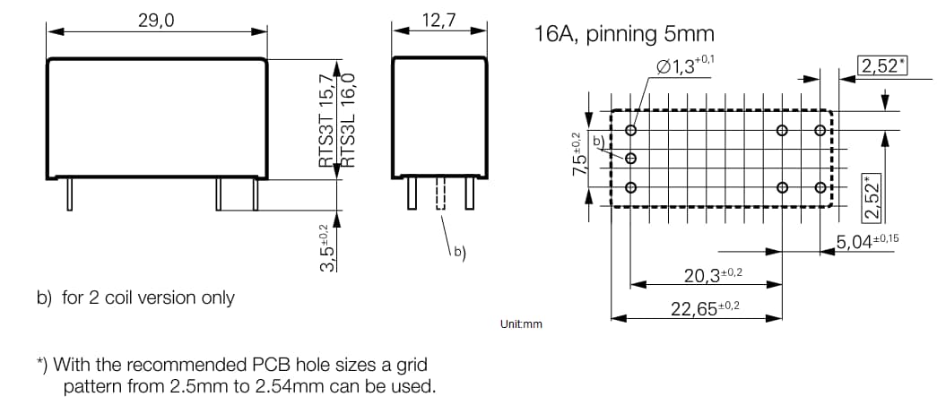 機械図面 - TE Connectivity / Schrack RT突入電力（RT-iPower）PCBリレー