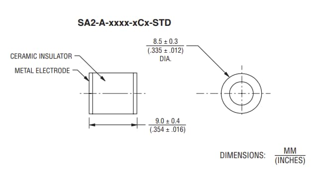 機械図面 - Bourns SA2-A 高電圧ガス放電管（GDT）