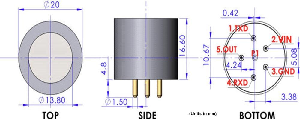 機械図面 - Amphenol SGX Sensortech INIR2デジタルガスセンサ