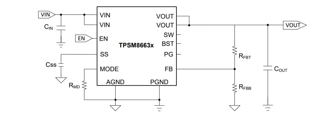 回路図 - Texas Instruments TPSM8663x 同期降圧電源モジュール