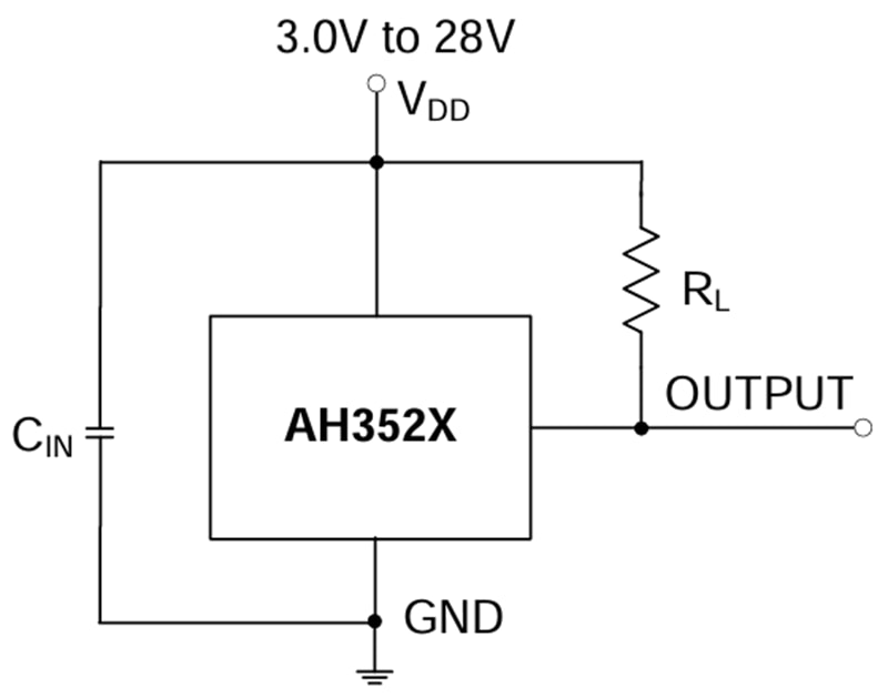 アプリケーション回路図 - Diodes Incorporated AH352xホール効果オムニポーラ・スイッチ