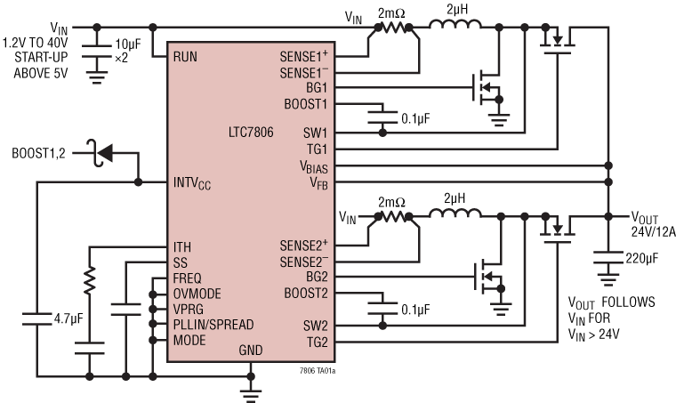 アプリケーション回路図 - Analog Devices Inc. LTC7806 2相同期昇圧コントローラ
