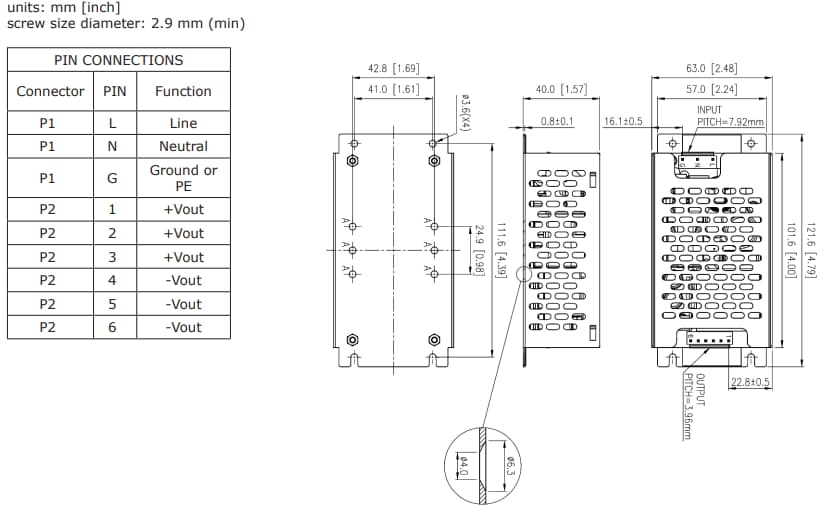 機械図面 - CUI Inc VGSM-250C AC-DC 電源