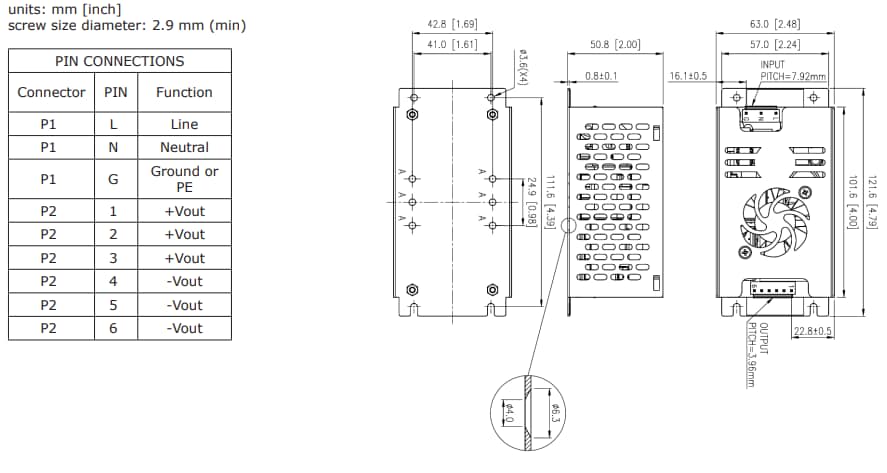 機械図面 - CUI Inc VGSM-250C AC-DC 電源