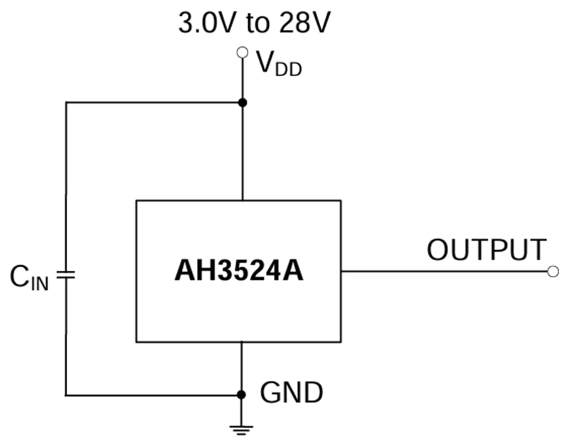 アプリケーション回路図 - Diodes Incorporated AH3524Aホール効果オムニポーラ・スイッチ