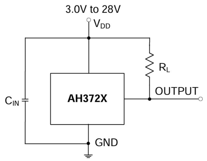 アプリケーション回路図 - Diodes Incorporated AH372x高電圧ホール効果ラッチ