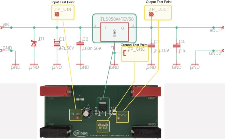 回路図 - Infineon Technologies TLS850A4TEV50デモボード