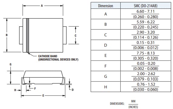 機械図面 - Bourns SMLJ-R過渡電圧サプレッサダイオード