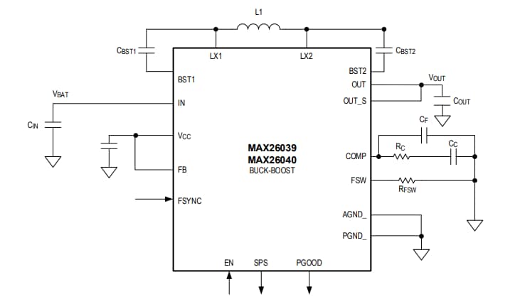 アプリケーション回路図 - Analog Devices Inc. MAX26040バックブーストコンバータ