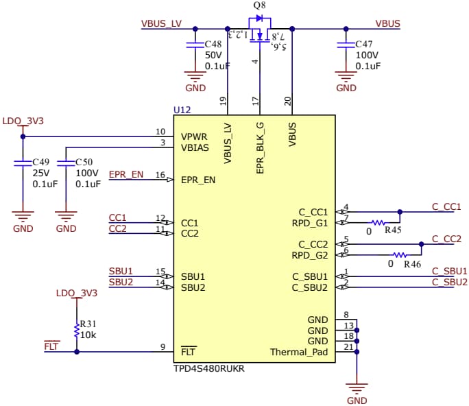回路図 - Texas Instruments TPD4S480 USB Type-C® 48V EPRポート保護装置