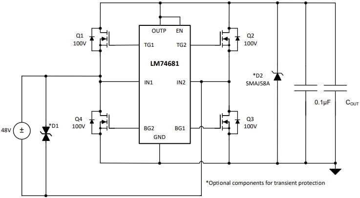 アプリケーション回路図 - Texas Instruments LM74681 100V理想ダイオードブリッジコントローラ
