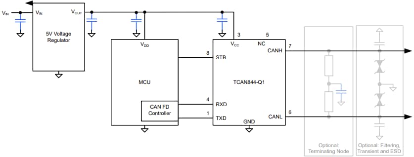 アプリケーション回路図 - Texas Instruments TCAN844-Q1車載CAN FDトランシーバ