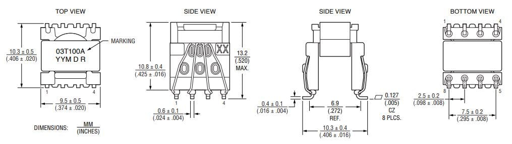 機械図面 - Bourns HVMA03T100A-ST10Sゲートドライバトランス