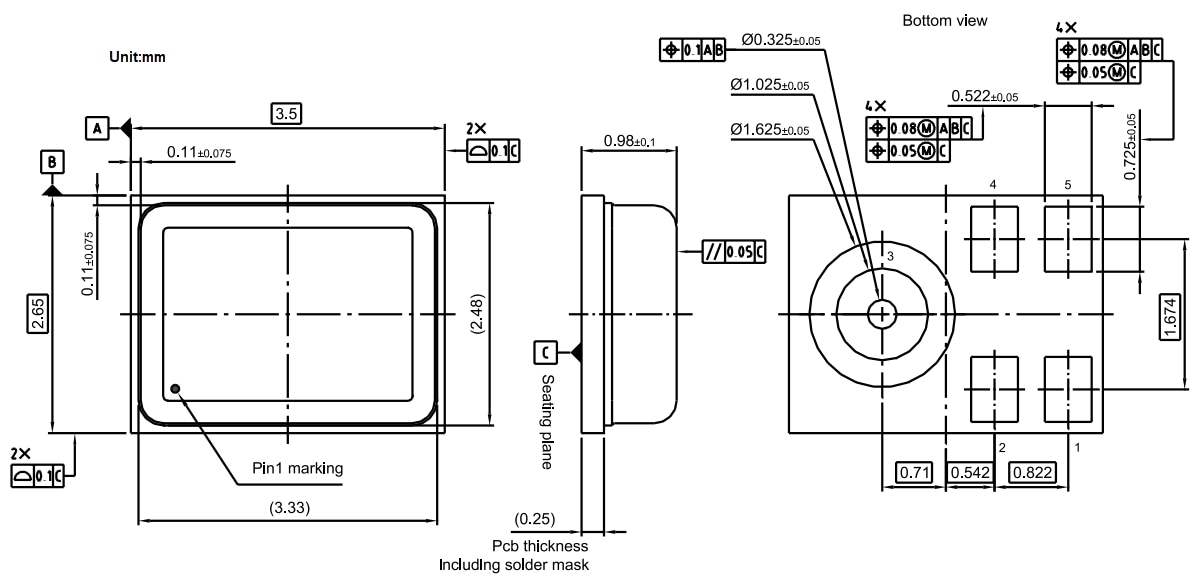 機械図面 - Infineon Technologies 超低消費電力 PDM XENSIV™ MEMSマイクロフォン
