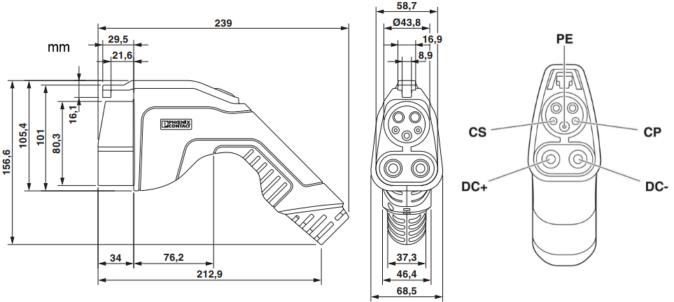 機械図面 - Phoenix Contact CHARX CCS1 125A DC充電ケーブル