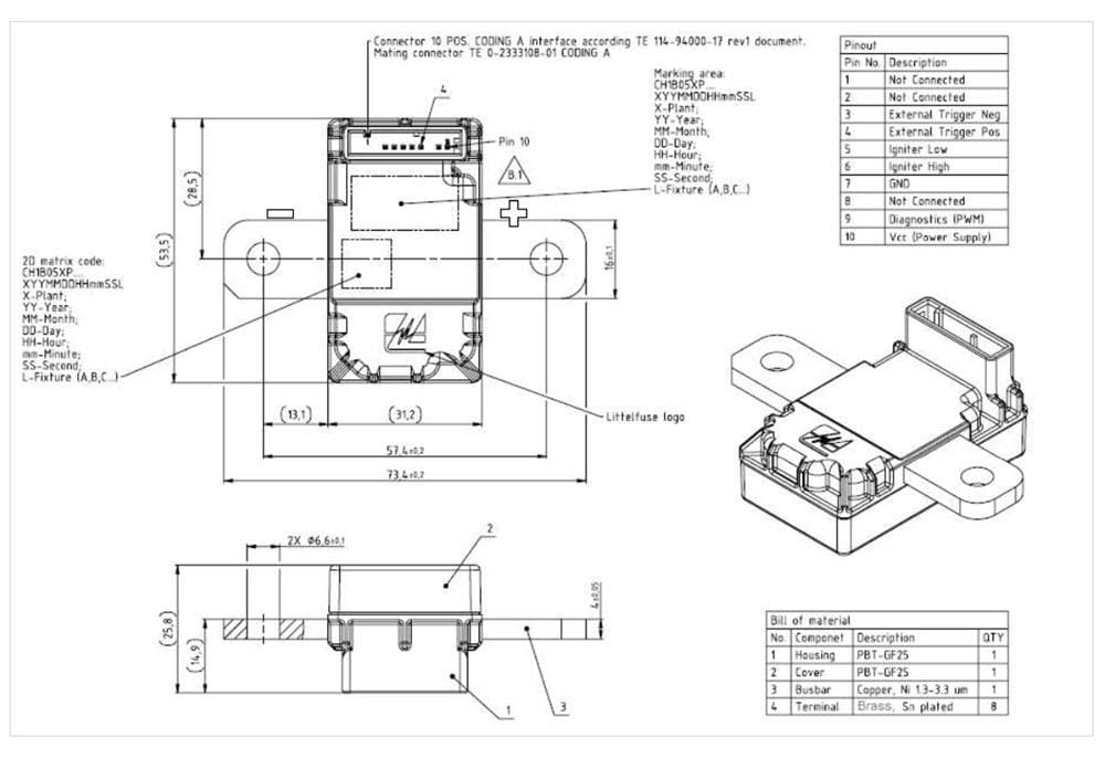 機械図面 - Littelfuse CH1B050P焦電型ヒューズ・トリガ