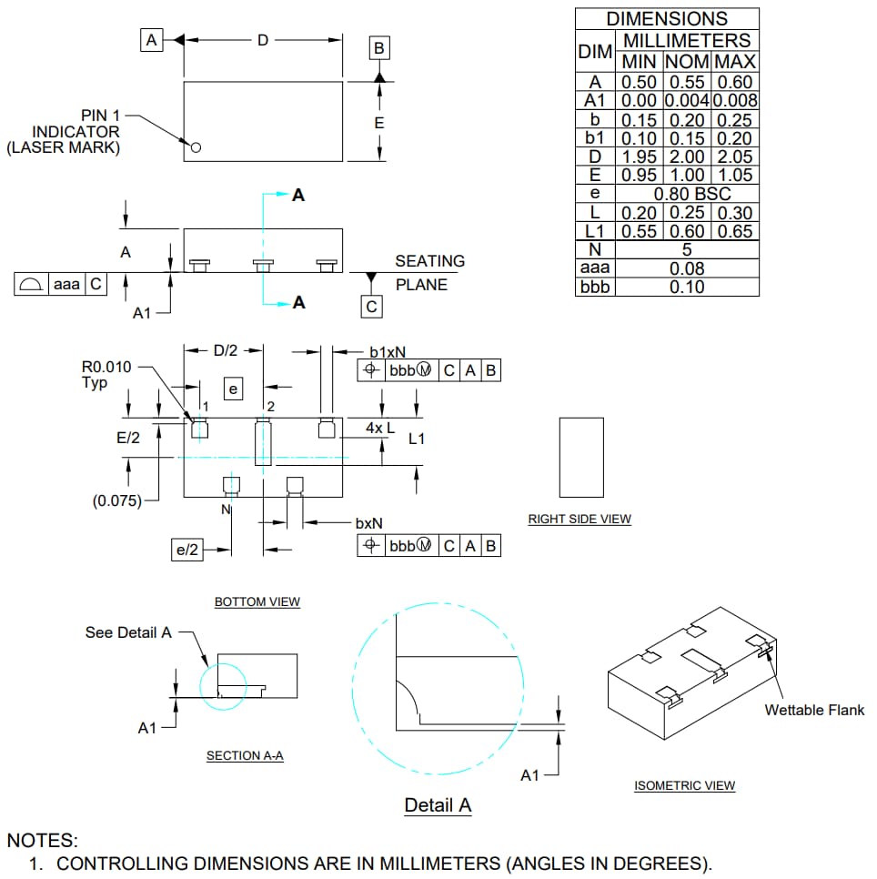 機械図面 - Semtech RClamp® 10022PWQ 過渡電圧サプレッサ（TVS）