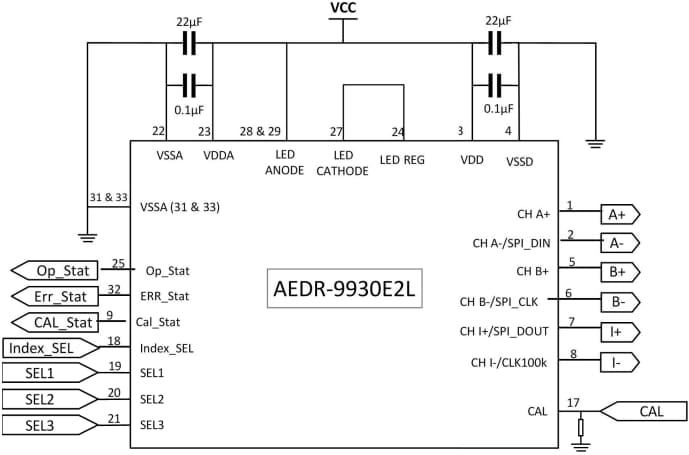 回路図 - Broadcom AEDR-9930E2/9930E2L反射型光学エンコーダ
