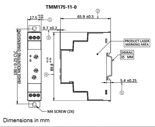 機械図面 - Littelfuse TMM175 DINレール時間遅延リレー
