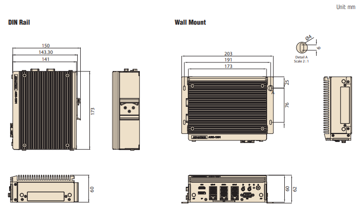 機械図面 - Advantech ARK-1251 DIN レールファンレスボックス PC