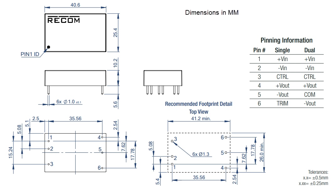 機械図面 - RECOM Power RPA20-FR DC-DCコンバータ