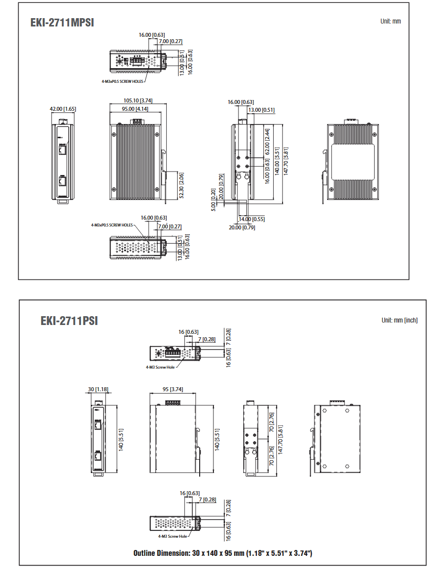 機械図面 - Advantech EKI-2711MPSI & EKI-2711PSI PoEスプリッタ