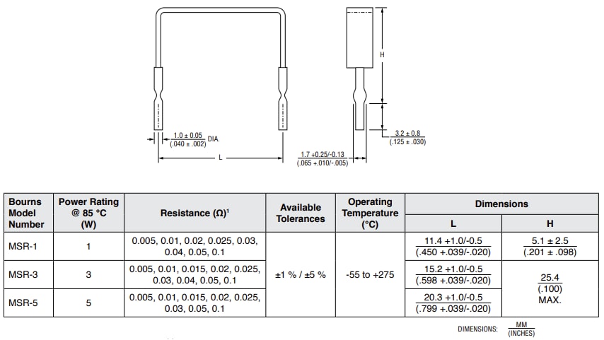 機械図面 - Bourns MSR Riedon™ 電流センス抵抗器
