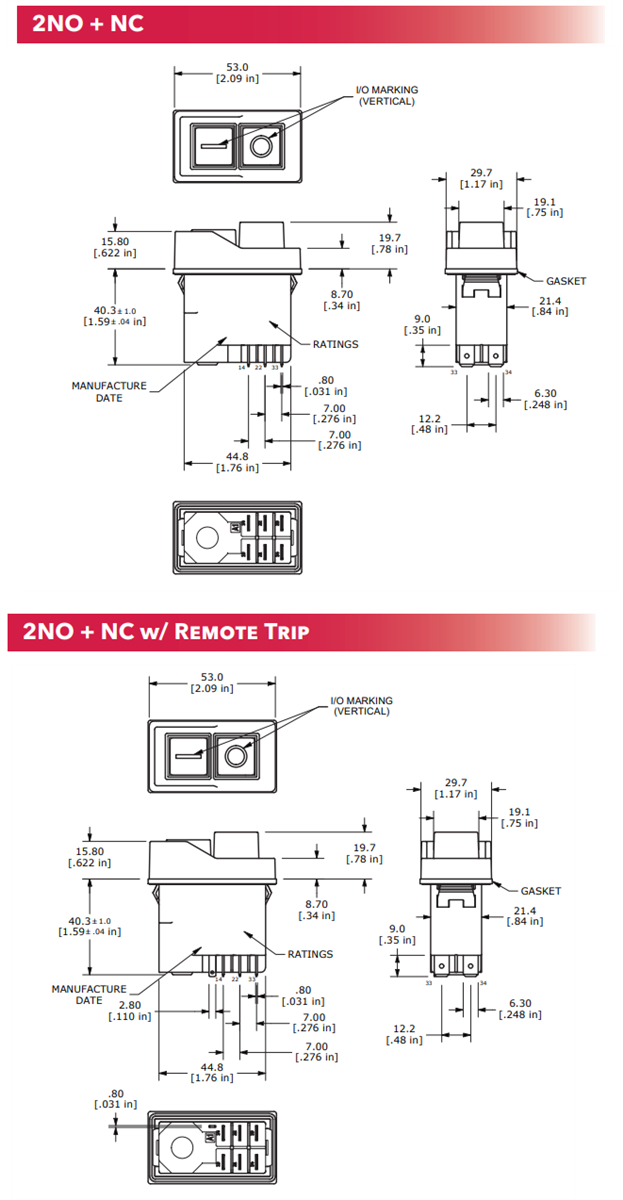Mechanical Drawing - E-Switch KJE32 Heavy-Duty Industrial Pushbutton Switches