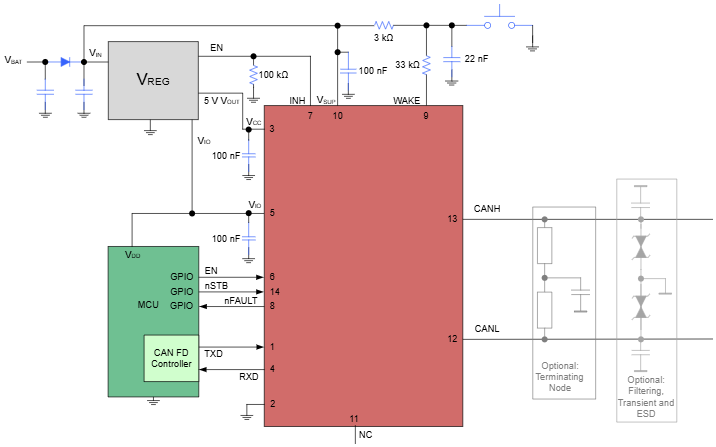 アプリケーション回路図 - Texas Instruments TCAN1043N-Q1自動車CAN FDトランシーバ