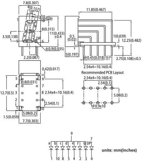 機械図面 - Kingbright SA32 1桁直角ディスプレイ