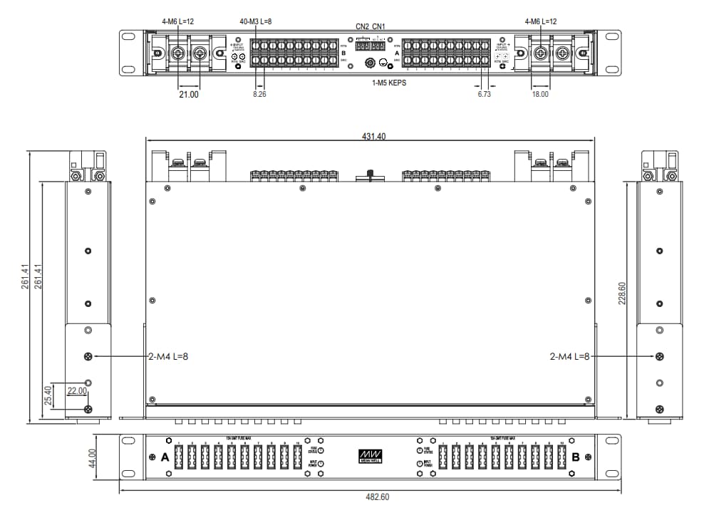 機械図面 - MEAN WELL RDU20G-200ラックマウント配電装置