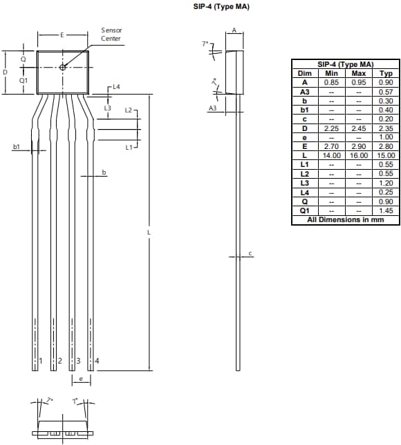 機械図面 - Diodes Incorporated AHE300 InSbホール素子
