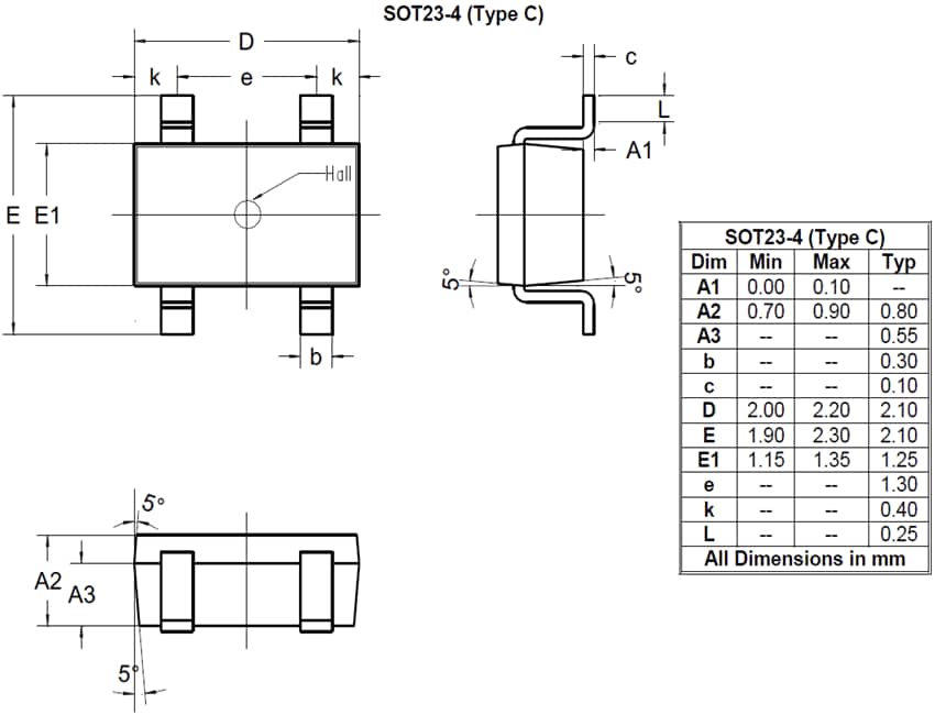 機械図面 - Diodes Incorporated AHE108 InSbホール素子