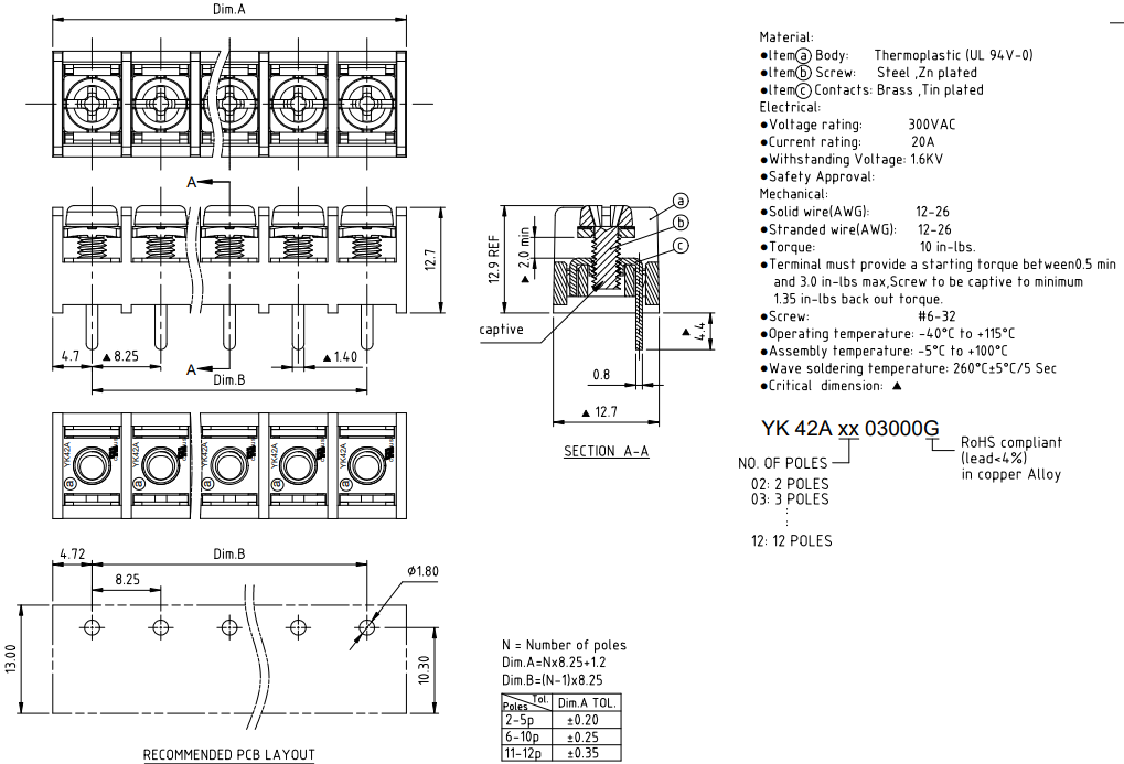機械図面 - Amphenol Anytek YK42A 1列 バリア式端子台