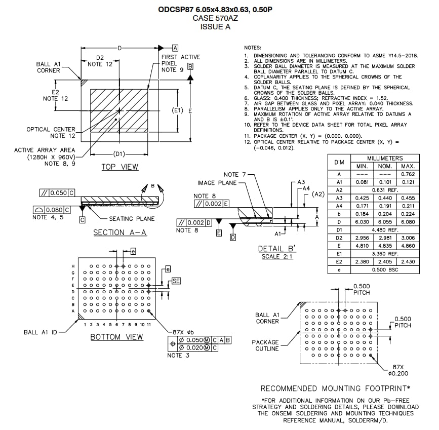 機械図面 - onsemi AF013xHyperlux™ID 1.2MP iToFセンサー