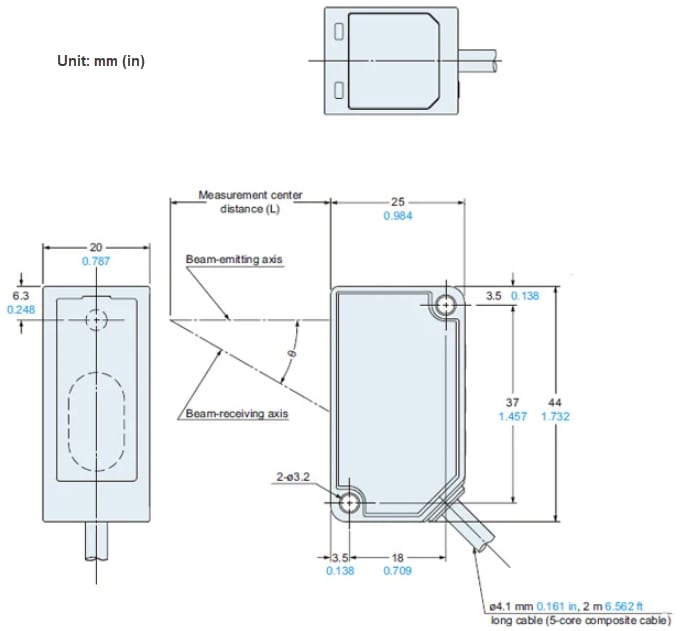 機械図面 - Panasonic Industrial Automation HG-C1200 CMOSタイプ マイクロレーザ測距センサ