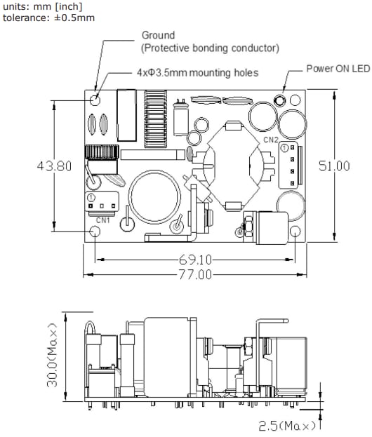 機械図面 - CUI Inc VOFM-65G内部AC/DC電源